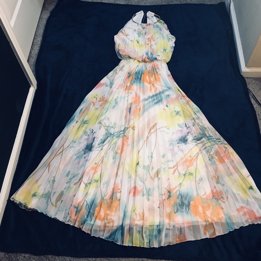 (4) Beautiful flower-print long pleated maxi dress